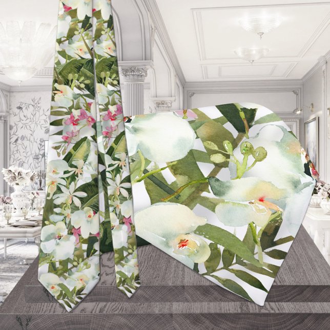 Cravate Col noeud tropical mariage orchidée blanche scinti (Créateur téléchargé)