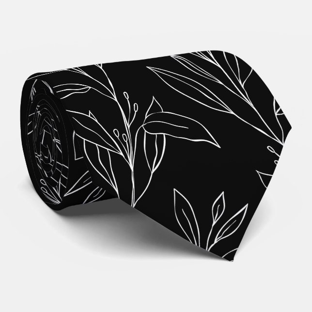 Cravate Col noir et blanc moderne de vigne feuillue de mar (Roulé)