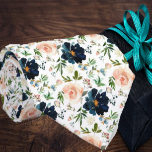 Cravate Col rose florale aquarelle bleu marine et rose Tie