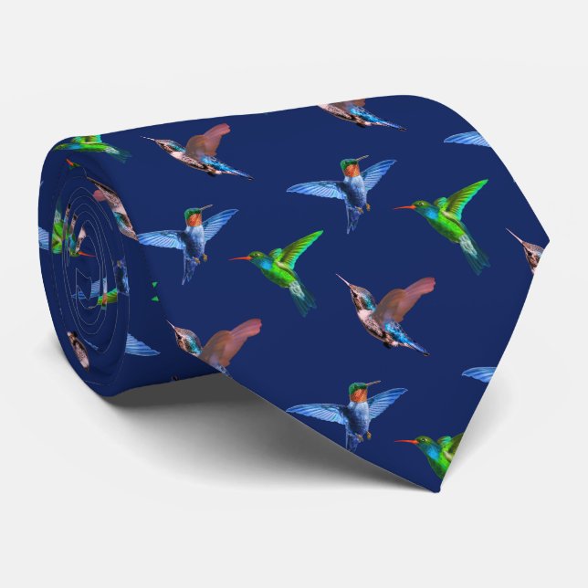 Cravate Colibris modernes sur fond bleu marine (Roulé)