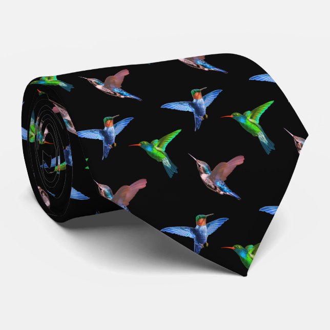 Cravate Colibris modernes sur fond noir (Roulé)