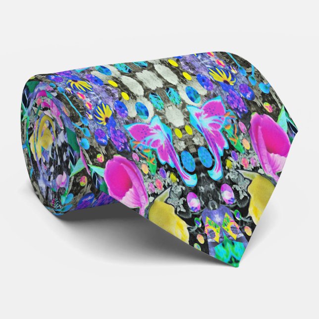 Cravate Collage de lys Stargazer, rose et hibiscus rose (Roulé)