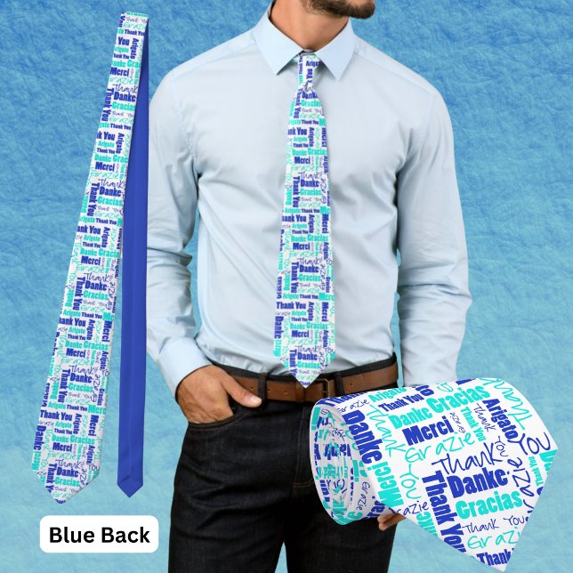 Cravate Collage de typographie multilingue de remerciement (Blue and turquoise multilingual thank you polyester tie with blue back. )