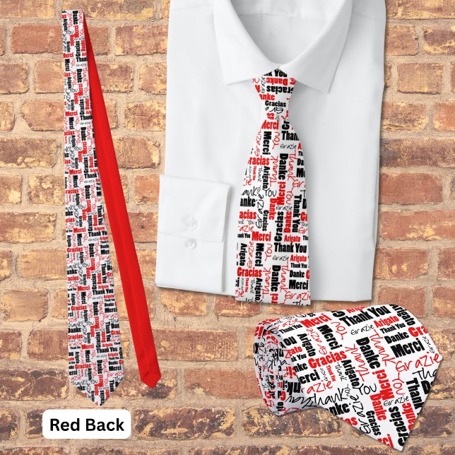 Cravate Collage de typographie reconnaissant multilingue r (Red and black multilingual thank you word cloud with red back. )