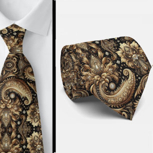 Cravate Collier Luxe Noir Blanc Or Paisley Diamant