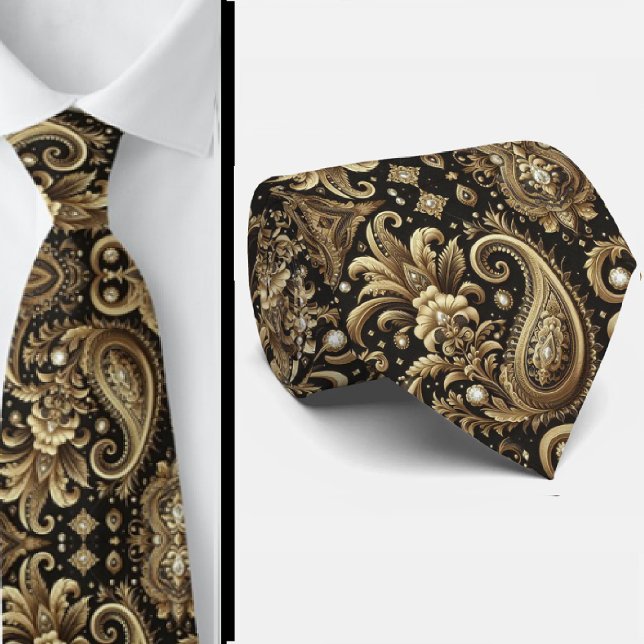 Cravate Collier Luxe Noir Blanc Or Paisley Diamant (Créateur téléchargé)