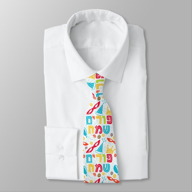 Cravate Colorful Tie with Hebrew "Happy Purim" Text (Attaché)