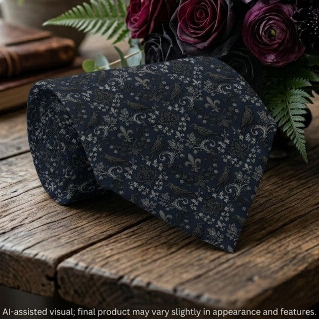 Cravate Conception de corbeau en damas noir charbon gothiq (Rolled charcoal raven damask tie and dark bouquet for a gothic groom's moody wedding day.)