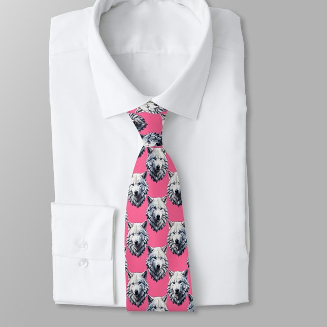 Cravate Conception de motif de tête de loup blanc rose  (Créateur téléchargé)