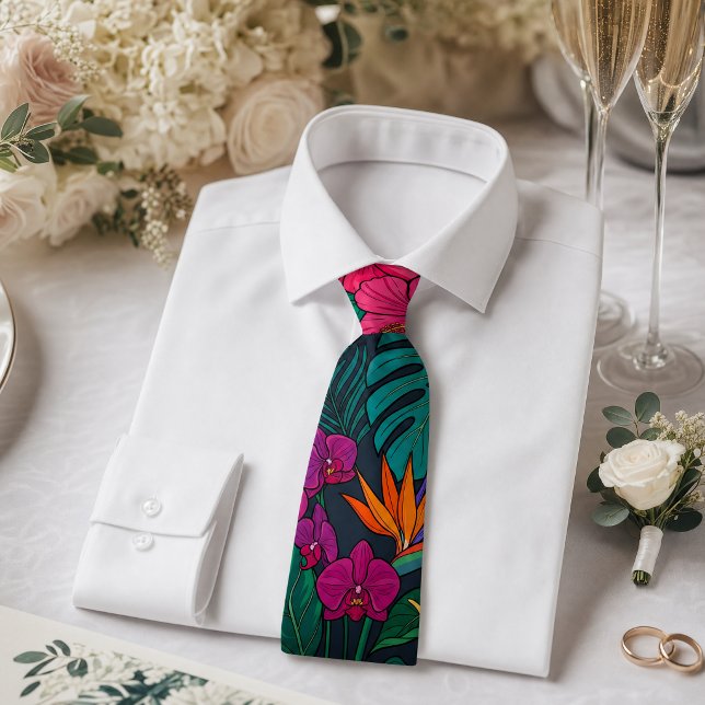 Cravate Conception Florale Tropicale | Hibiscus & Feuillag (weddingtie #tropicaltie #giftformen #giffordad #tropical #floraltie #greenerytie #summertie)