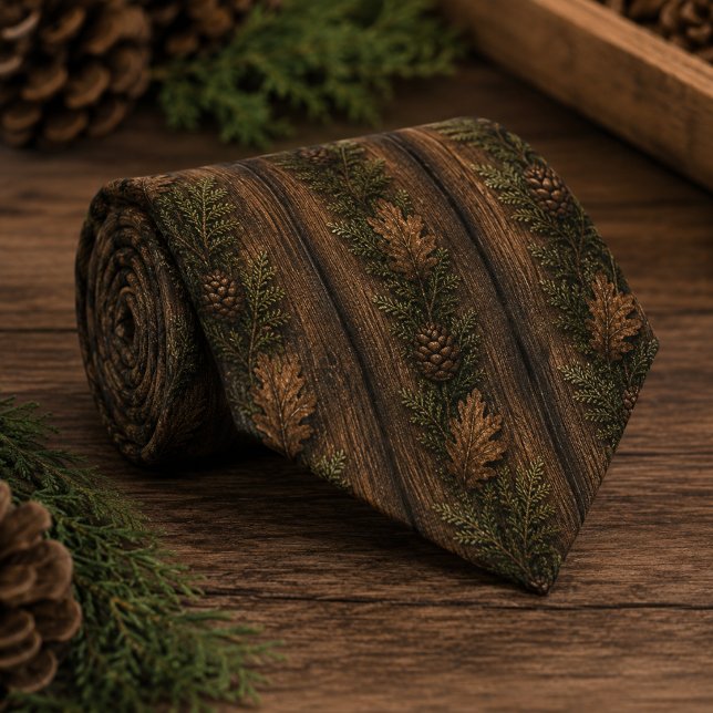 Cravate Cône de pin et feuille de chêne de bois rustique (Créateur téléchargé)