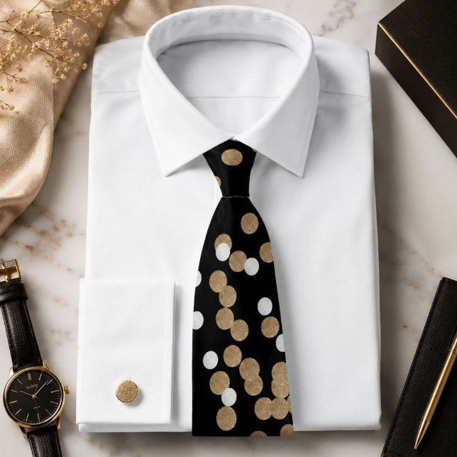 Cravate confettis dorés champagne pois noirs et blancs gla (glam black and white dots champagne gold confetti neck tie)