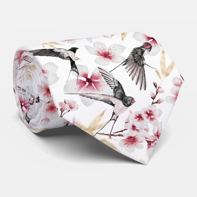 Cravate cool japonais oiseaux fleurs carrelé motif (Roulé)