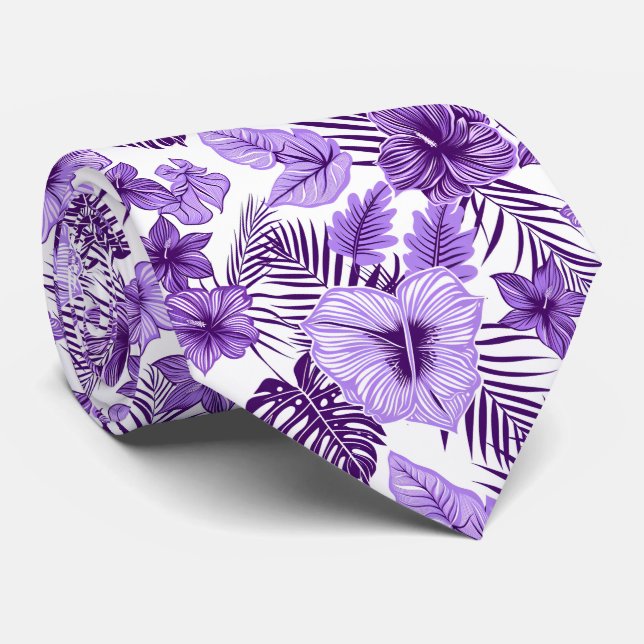 Cravate Cool violet blanc tropical floral (Roulé)