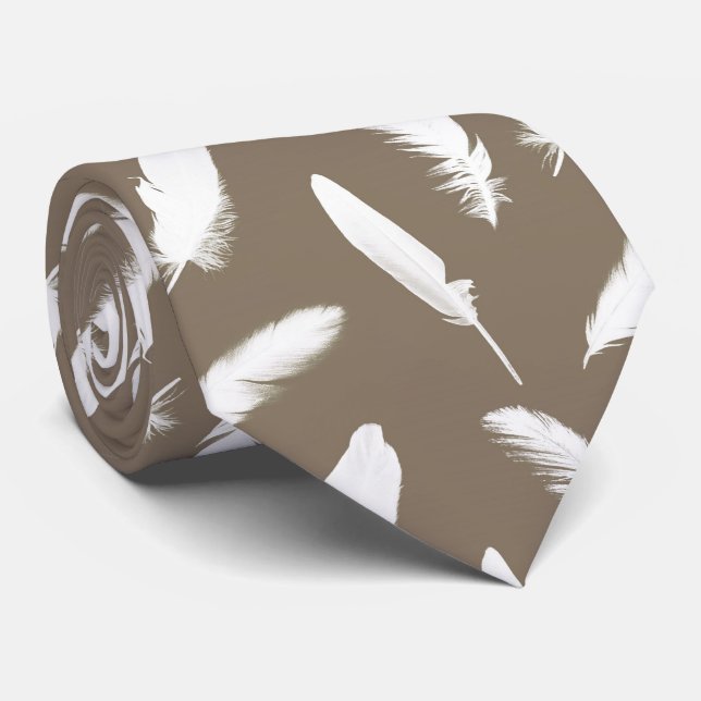 Cravate Copie de plume blanche sur le taupe (Roulé)