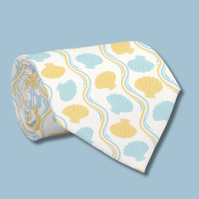 Cravate Coquillage et vagues de plage Été (Seashells and oean waves tie rolled)