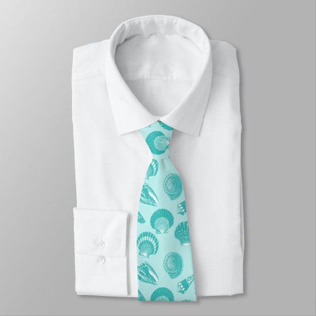 Cravate Coquillages - aqua mol et blanc (Attaché)