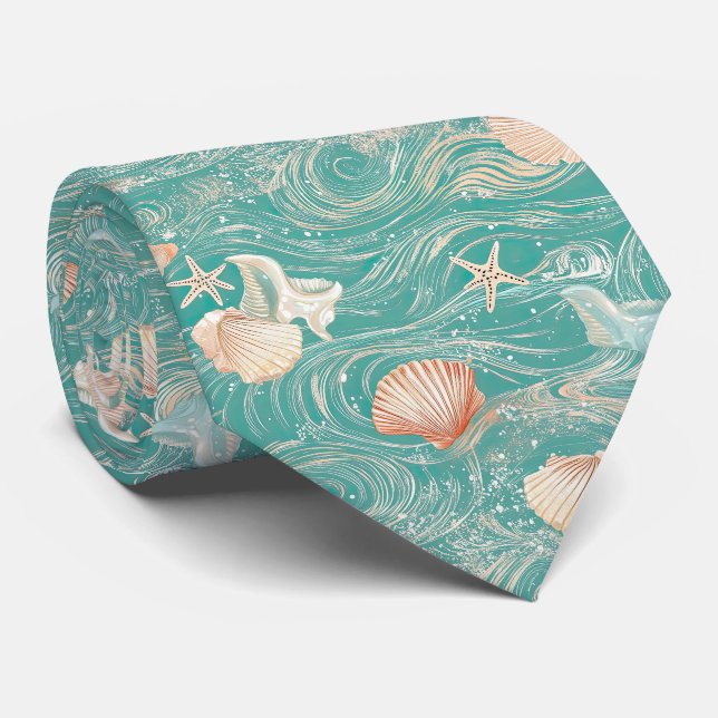 Cravate Coquillages et Motif de Vagues Océaniques (10) (Roulé)