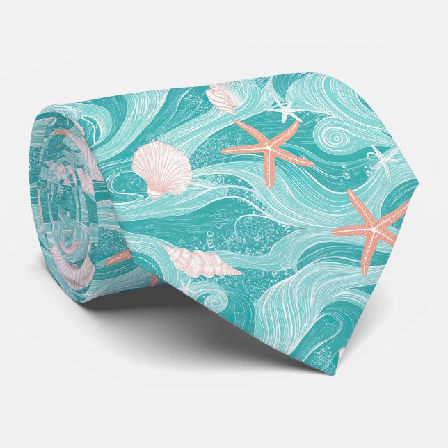 Cravate Coquillages et Motif de Vagues Océaniques (13) (Roulé)