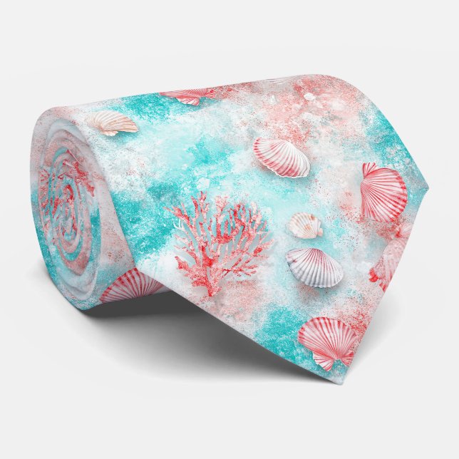 Cravate Coquillages et Motif de Vagues Océaniques (14) (Roulé)