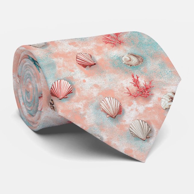Cravate Coquillages et Motif de Vagues Océaniques (16) (Roulé)