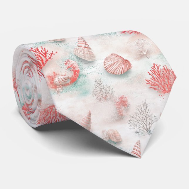 Cravate Coquillages et Motif de Vagues Océaniques (7) (Roulé)