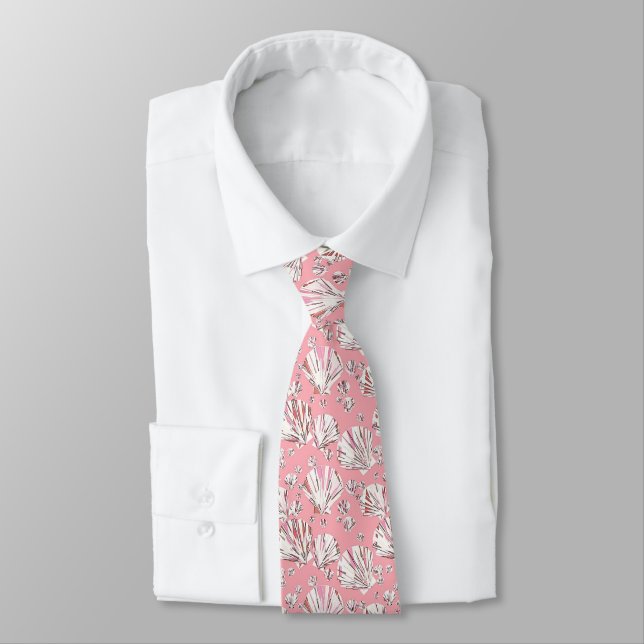 Cravate Corail, coquillages blancs et roses, arrière - pla (Attaché)