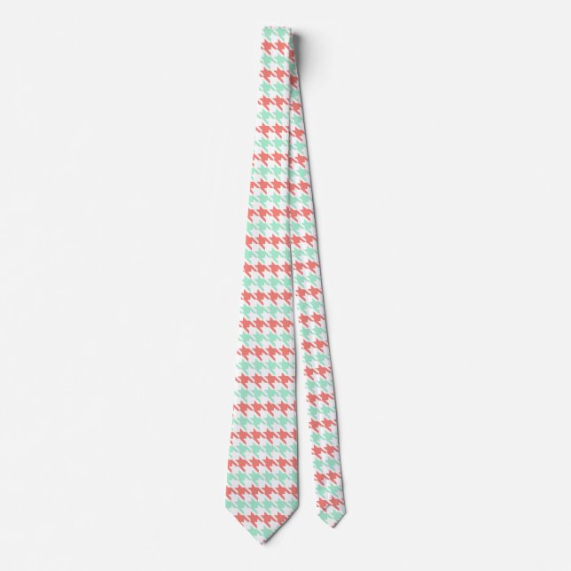 Cravate Coral rose et Mint Motif Houndstooth (Devant)