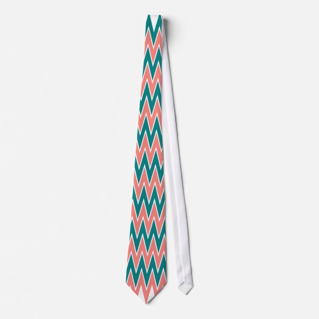 Cravate Coral rose et Turquoise Motif Zigzag (Devant)