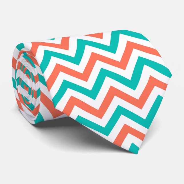 Cravate Coral, Teal, White Large Chevron Zig Zag (Roulé)