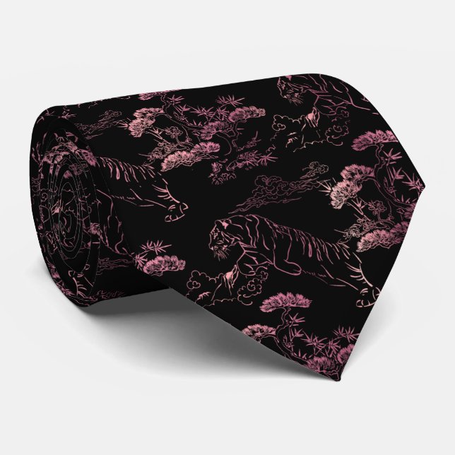 Cravate Corbata con tigre estilo japonés color rosa (Roulé)