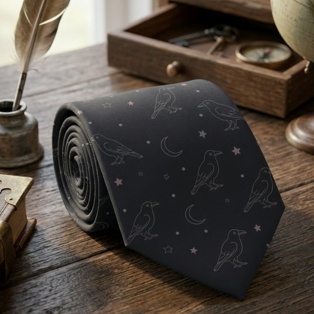 Cravate Corbeau céleste Dark Academia pour hommes (Whimsigoth Raven necktie)