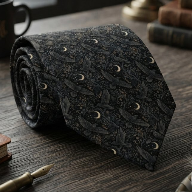 Cravate Corbeau céleste Onyx lunatique (Celestial raven pattern necktie for dark academia scholars attending evening gatherings.)