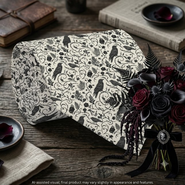 Cravate Corbeau d'ivoire noir gothique lunatique (Raven print necktie and dark floral bouquet for the alternative groom's gothic wedding.)