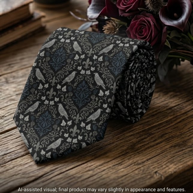 Cravate Corbeau en damas noir charbon gothique (Rolled gothic raven damask tie next to a dark rose bouquet for an alternative groom's wedding.)