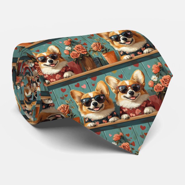 Cravate Corgi aux roses du cœur pour la Saint-Valentin (Roulé)