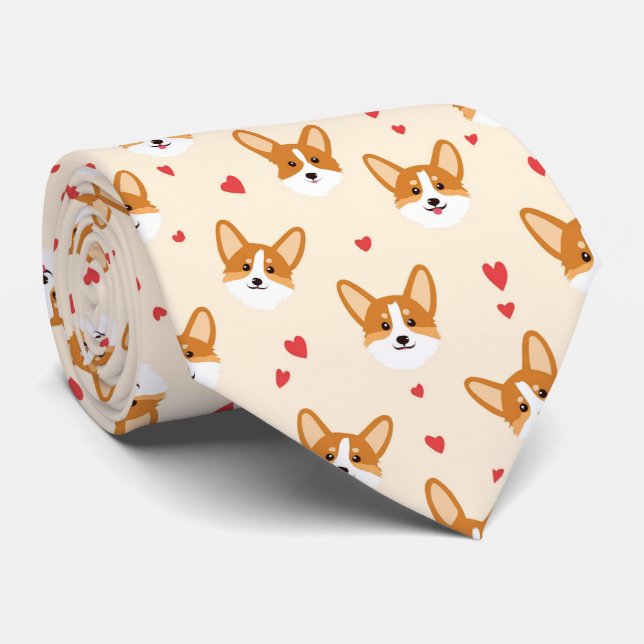 Cravate Corgi Dog Face with Hearts Valentine's Day  (Roulé)