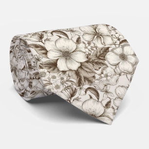 Cravate Cottagecore Floral Jardin Crème Sépia Vintage