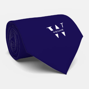 Cravate Couleur Bleu Profond Monogramme Élégant + Nom