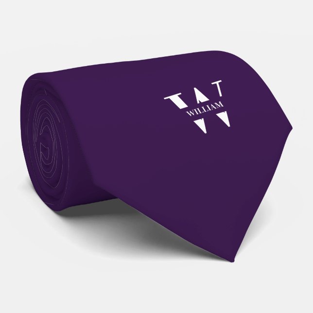 Cravate Couleur Violet Indigo Élégant Monogramme + Nom (Roulé)