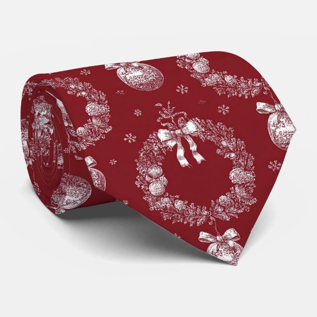 Cravate Couronne de Noël Toile sur fond rouge foncé (Roulé)