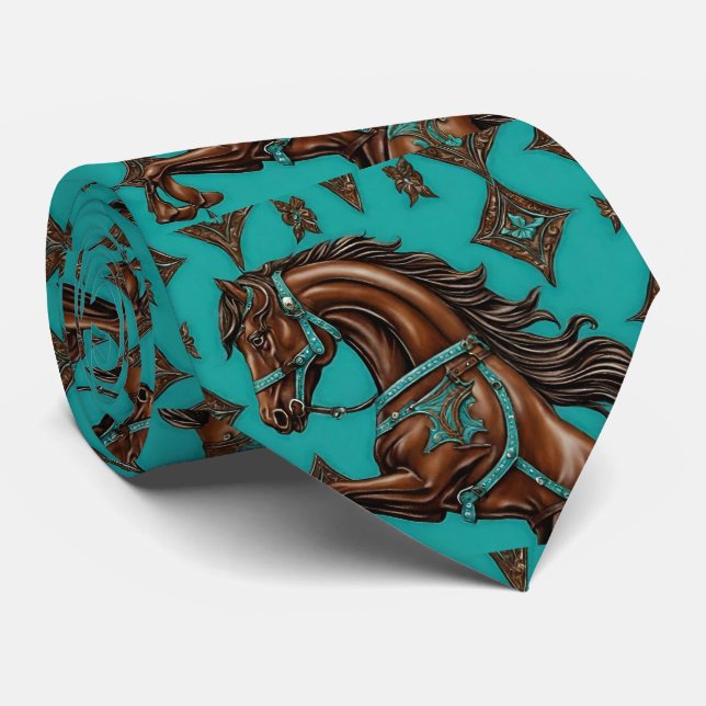 Cravate Cowboy Western Pays Turquoise Brown Horse (Roulé)