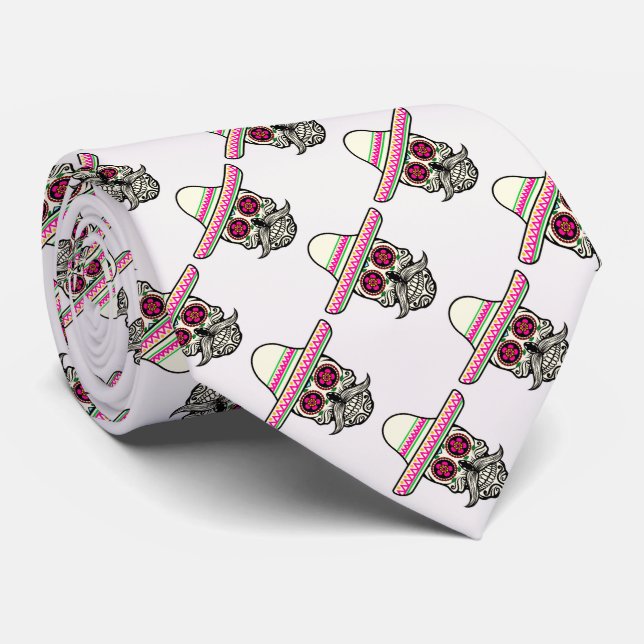 Cravate Crâne avec Moustache et Sombrero rose (Roulé)