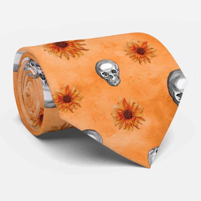 Cravate Crânes orange et série tournesol Design 8  (Roulé)