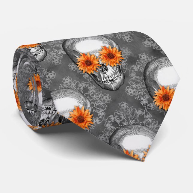 Cravate Crânes orange et série tournesol Design 9  (Roulé)