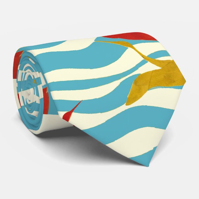 CRAVATE CRANES ROUGES JAUNES VOLANT SUR DES VAGUES BLANCHE (Roulé)