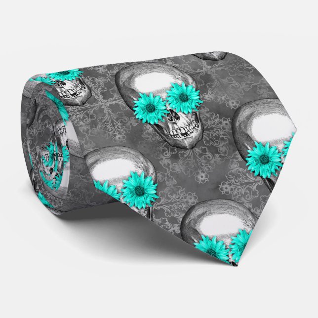 Cravate Crânes turquoise et série de tournesols 9 (Roulé)