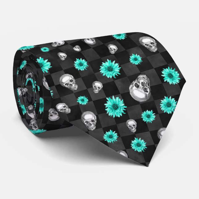 Cravate Crânes Turquoise et Série Tournesol Design 7  (Roulé)