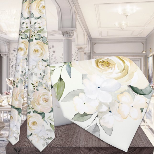 Cravate Creamy White Peony Eucalyptus Light Sage Wedding (Créateur téléchargé)
