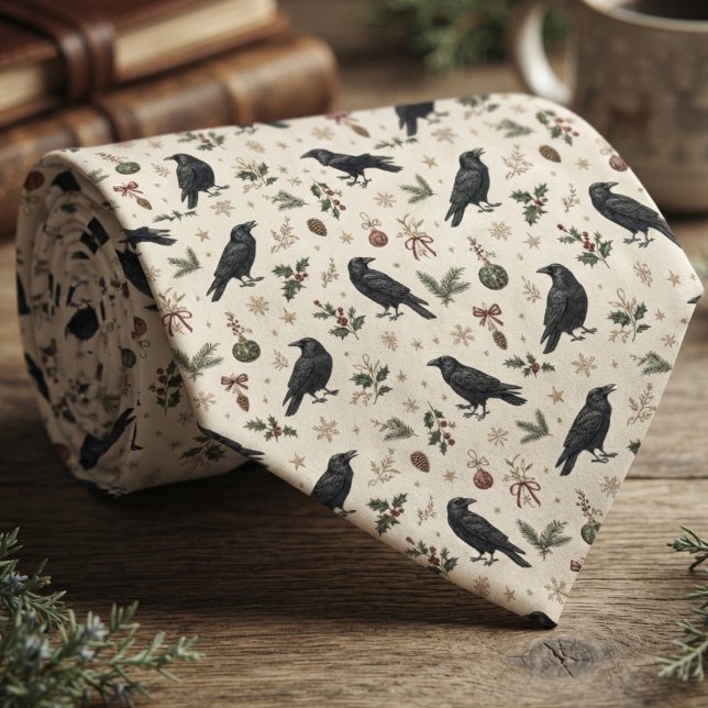 Cravate Crème Botanique Vacances Corbeau (Cream raven pattern necktie for nature lovers at holiday parties.)